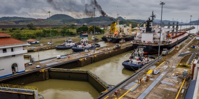 A ship docked at the Panama Canal.