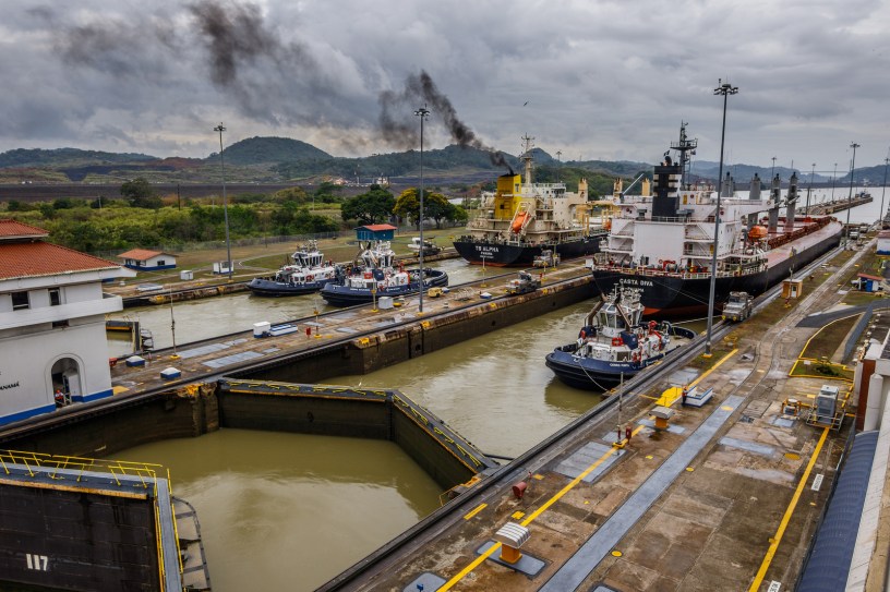 A ship docked at the Panama Canal.